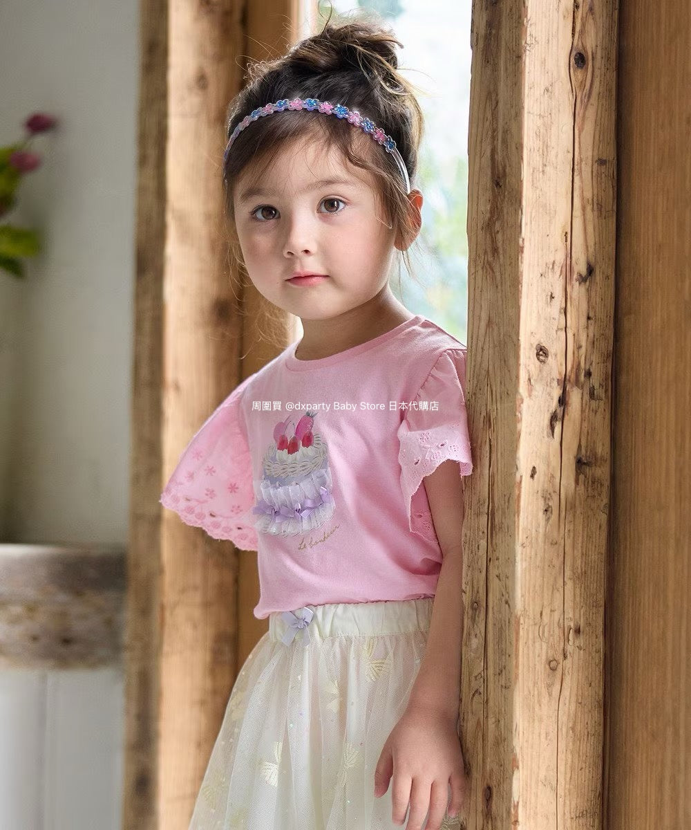 Japanese children's clothing aF#a325 lace sleeve cake print short-sleeved top 90-160cm girls summer TOPS 