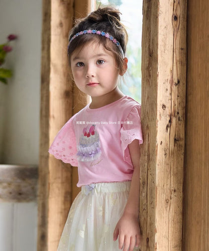 Japanese children's clothing aF#a325 lace sleeve cake print short-sleeved top 90-160cm girls summer TOPS 