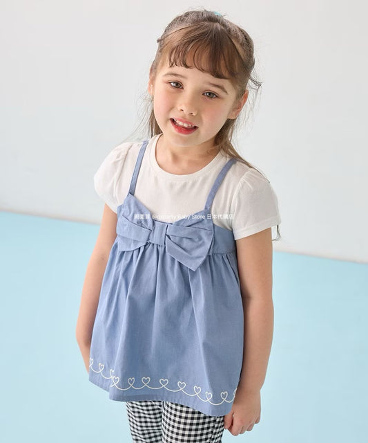 Japanese children's clothing aF#a325 Bowknot fake two-piece top 90-160cm girls summer TOPS 