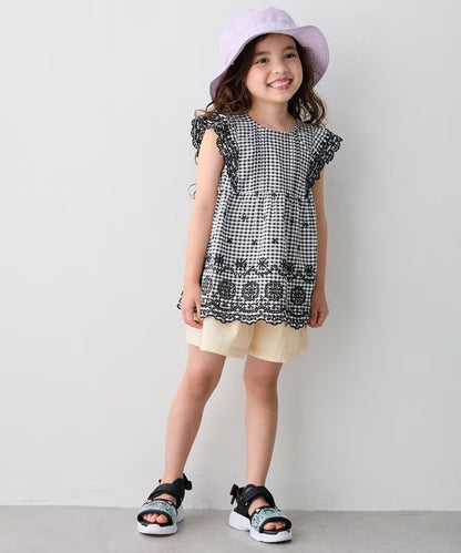 日本童裝 aF#a325 接觸冷感 蕾絲小飛袖刺繡上衣 90-150cm 女童款 夏季 TOPS