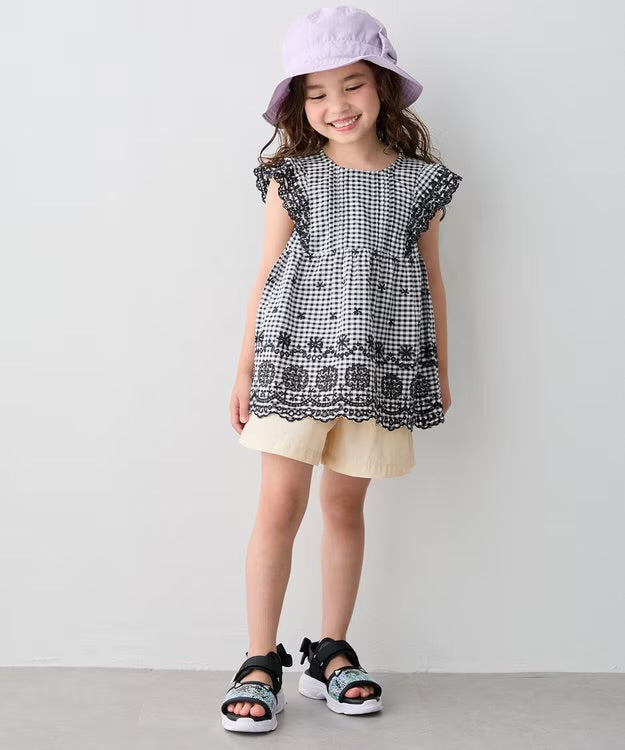 日本童裝 aF#a325 接觸冷感 蕾絲小飛袖刺繡上衣 90-150cm 女童款 夏季 TOPS