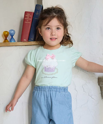 Japanese children's clothing aF#a325 beaded applique short-sleeved top 100-150cm girls summer TOPS 