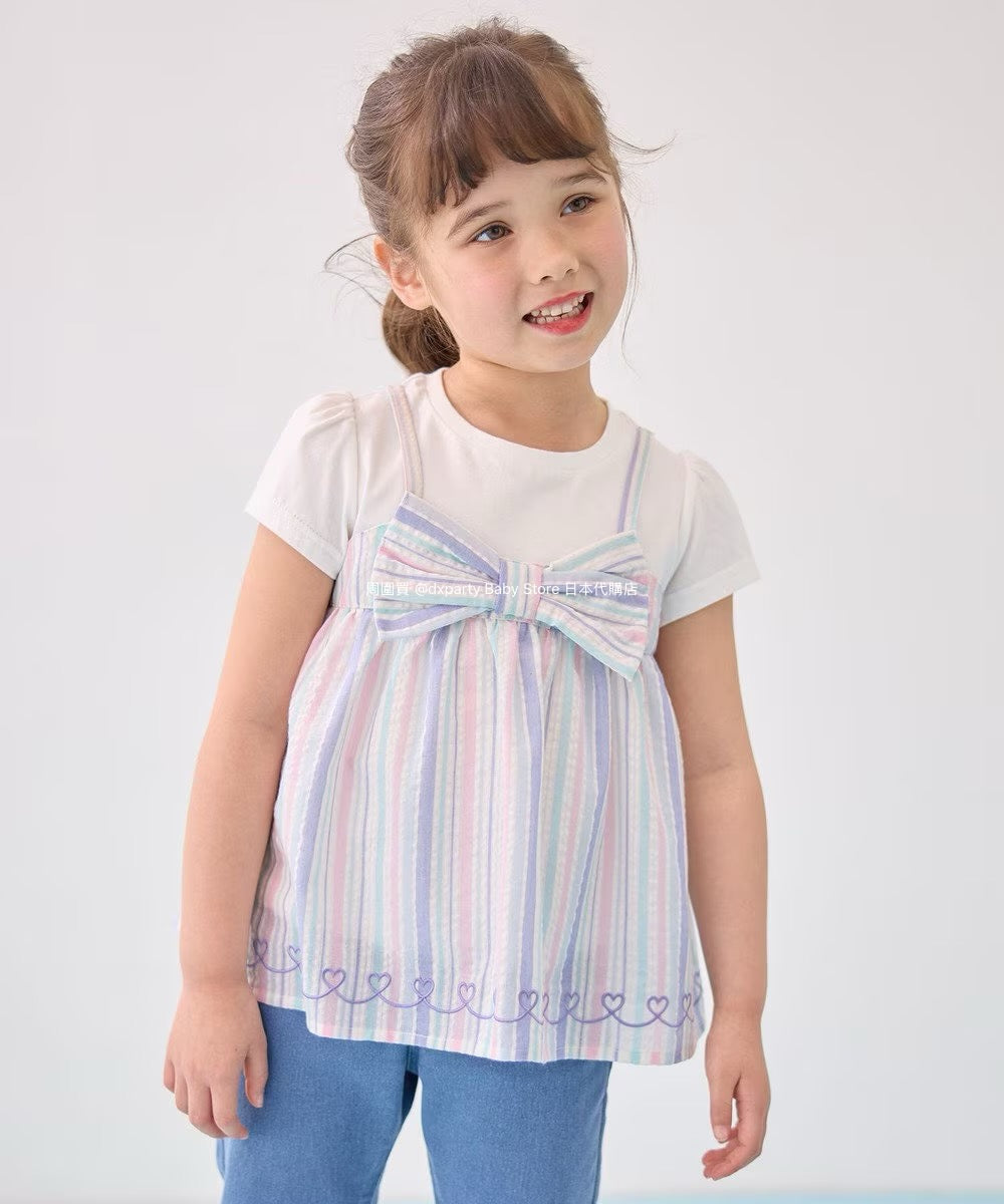 Japanese children's clothing aF#a325 Bowknot fake two-piece top 90-160cm girls summer TOPS 