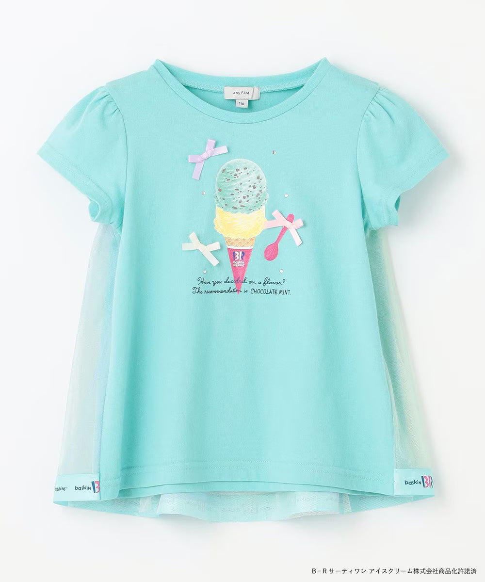 Japanese children's clothing aF#a325 x Baskin-Robbins patchwork rainbow tulle ice cream top 90-140cm girls summer TOPS 