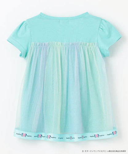 Japanese children's clothing aF#a325 x Baskin-Robbins patchwork rainbow tulle ice cream top 90-140cm girls summer TOPS 
