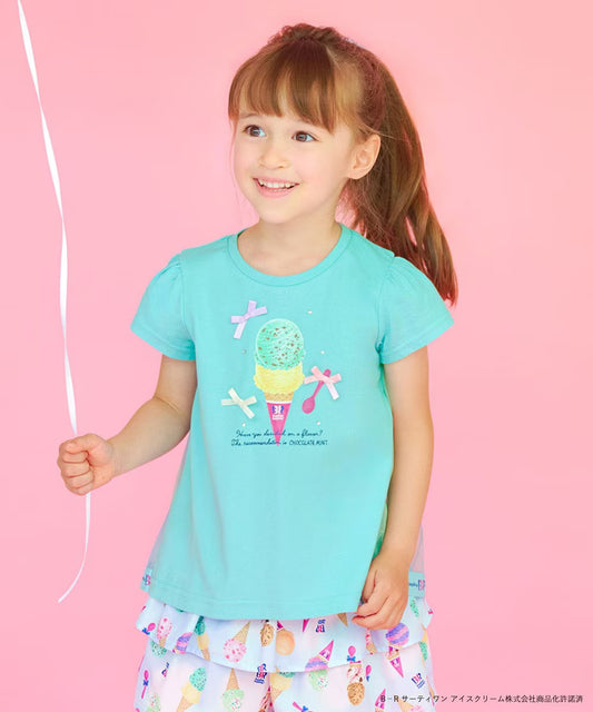 Japanese children's clothing aF#a325 x Baskin-Robbins patchwork rainbow tulle ice cream top 90-140cm girls summer TOPS 