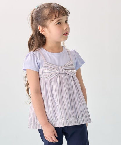 Japanese children's clothing aF#a325 Bowknot fake two-piece top 90-160cm girls summer TOPS 