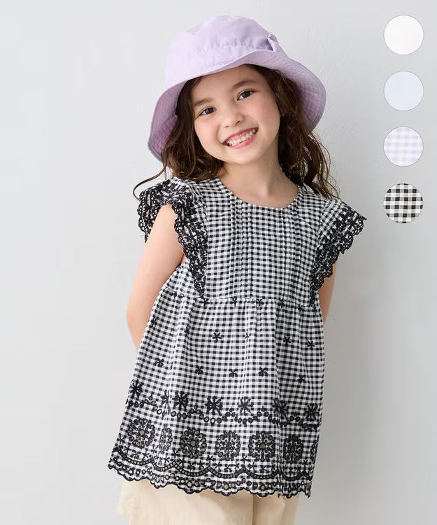 日本童裝 aF#a325 接觸冷感 蕾絲小飛袖刺繡上衣 90-150cm 女童款 夏季 TOPS