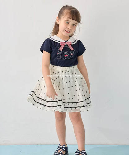 Japanese children's clothing aF#a325 cat x polka dot skirt 110-160cm girls summer SKIRTS 