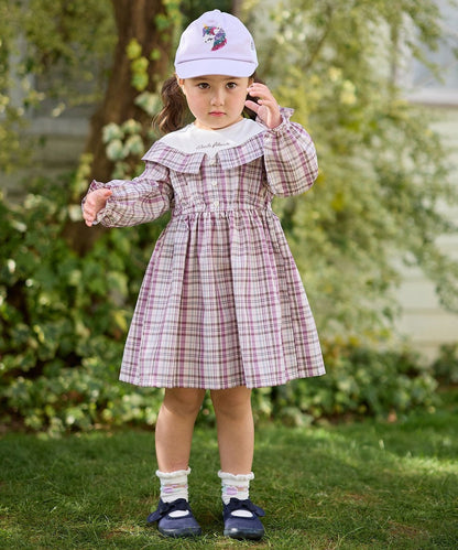 日本童裝 aF#a325 格仔拼接連身裙 110-150cm 女童款 夏季 DRESSES