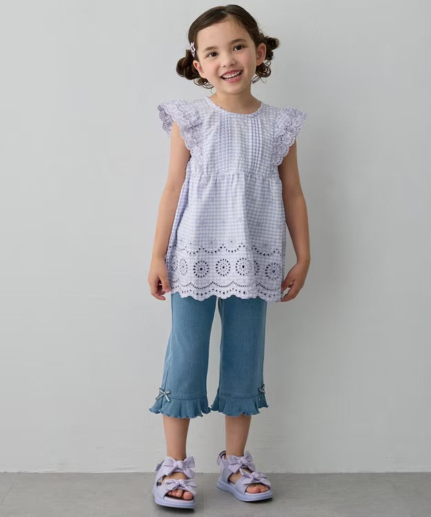 日本童裝 aF#a325 接觸冷感 蕾絲小飛袖刺繡上衣 90-150cm 女童款 夏季 TOPS
