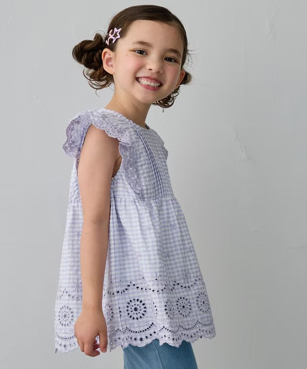 日本童裝 aF#a325 接觸冷感 蕾絲小飛袖刺繡上衣 90-150cm 女童款 夏季 TOPS