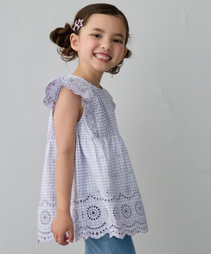 日本童裝 aF#a325 接觸冷感 蕾絲小飛袖刺繡上衣 90-150cm 女童款 夏季 TOPS