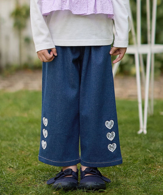 Japanese children's clothing aF#a325 Heart-shaped denim wide-leg pants 110-160cm girls' summer PANTS 