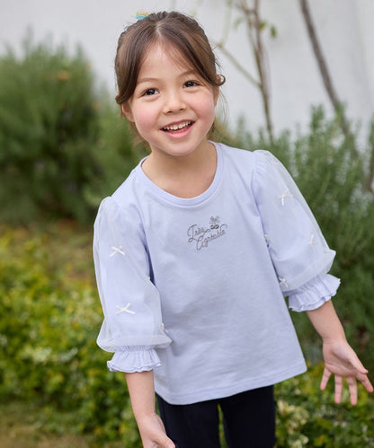 Japanese children's clothing aF#a325 Bow Puff Sleeve Top 110-160cm Girls Summer TOPS 