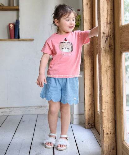 Japanese children's clothing aF#a325 sequined short-sleeved top 100-150cm girls summer TOPS 