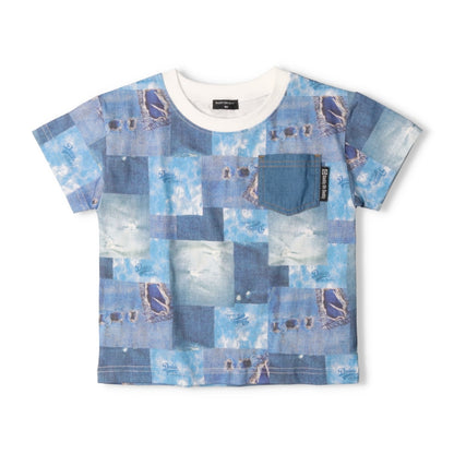Japanese children's clothing Daddy Oh Daddy denim patchwork print top 90-130cm boys' summer TOPS 
