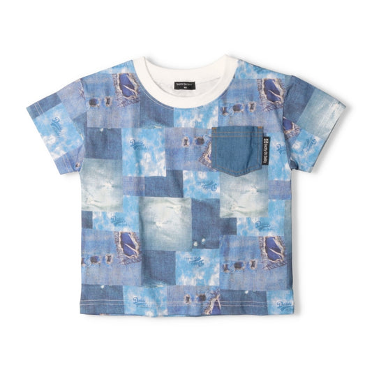 Japanese children's clothing Daddy Oh Daddy denim patchwork print top 90-130cm boys' summer TOPS 