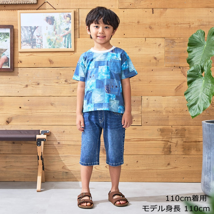 Japanese children's clothing Daddy Oh Daddy denim patchwork print top 90-130cm boys' summer TOPS 
