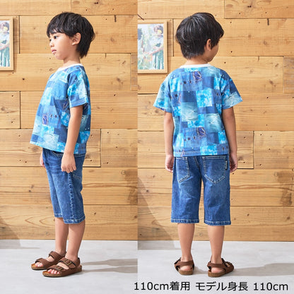 Japanese children's clothing Daddy Oh Daddy denim patchwork print top 90-130cm boys' summer TOPS 