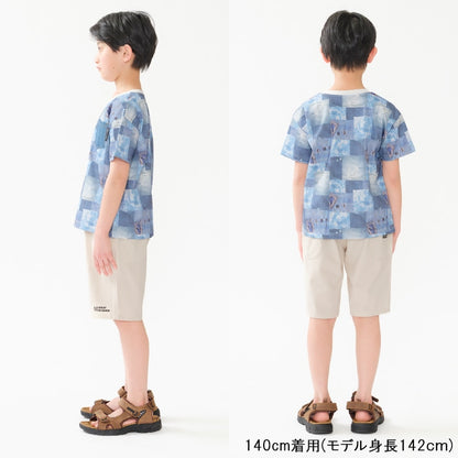Japanese children's clothing Daddy Oh Daddy denim patchwork print top 140-160cm boys' summer TOPS 