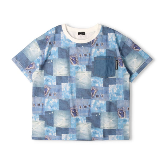 Japanese children's clothing Daddy Oh Daddy denim patchwork print top 140-160cm boys' summer TOPS 