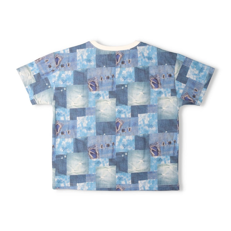 Japanese children's clothing Daddy Oh Daddy denim patchwork print top 140-160cm boys' summer TOPS 