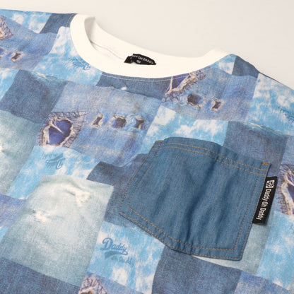 Japanese children's clothing Daddy Oh Daddy denim patchwork print top 140-160cm boys' summer TOPS 