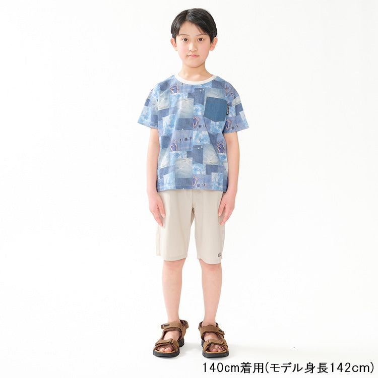 Japanese children's clothing Daddy Oh Daddy denim patchwork print top 140-160cm boys' summer TOPS 