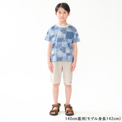 Japanese children's clothing Daddy Oh Daddy denim patchwork print top 140-160cm boys' summer TOPS 